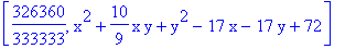 [326360/333333, x^2+10/9*x*y+y^2-17*x-17*y+72]